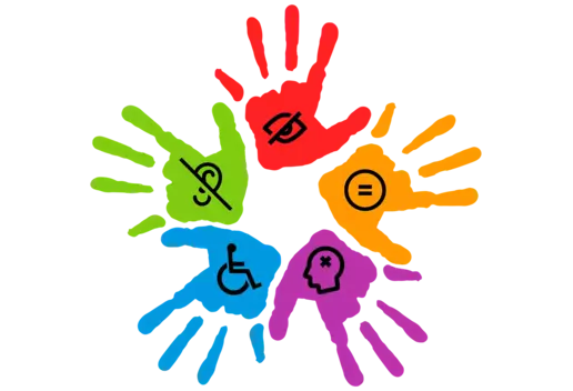 Das Bild zeigt Hände in mehreren Farben und weißt auf verschiedene Einschränkungen hin, die Kinder haben können: Probleme mit dem hören, Sehen, Fühlen oder mit der Motorik.