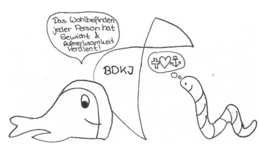 Das Bild zeigt einen Wal und einen Wurm, Maskottchen des BDKJ, mti einer Sprechblase, in der steht, dass das Wohlbefinden jeder Person Gewicht im BDKJ hat.